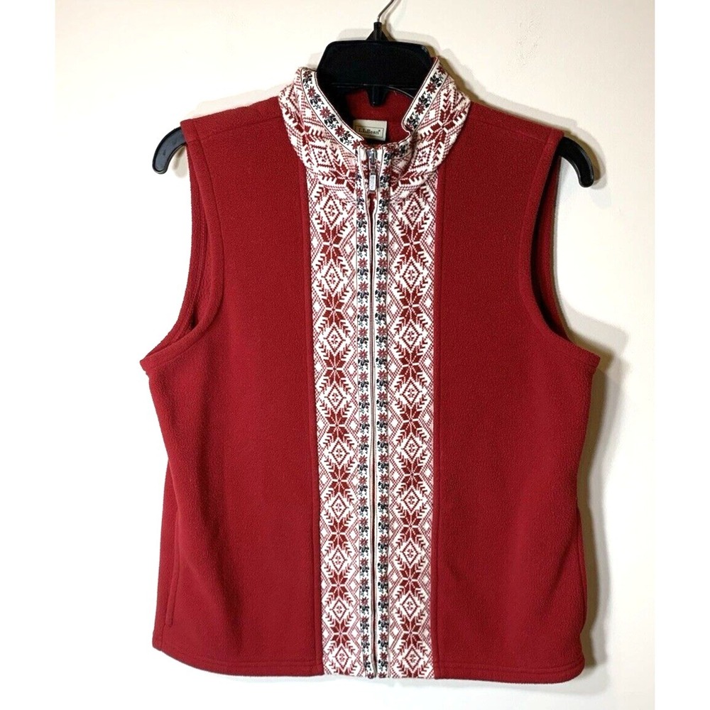 LLBean Fleece Vest Womens Medium Red Nordic Fair Isle Ski Knit Holiday